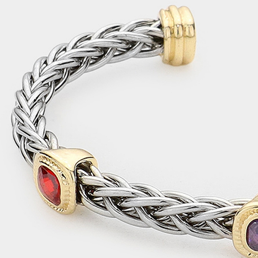 MultiColored Triple Cushion CZ Square Stone Silver Cable Cuff Bracelet Jewelry - Picture 3 of 7